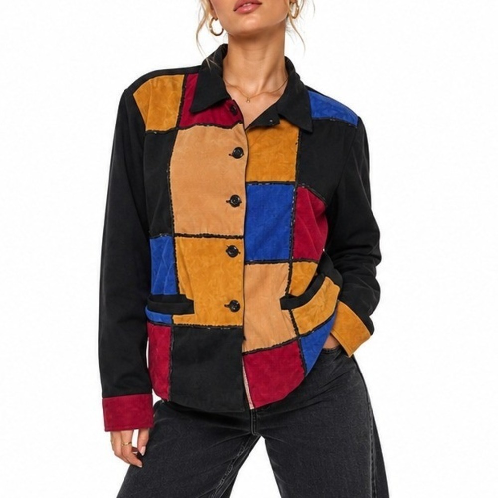Anage Patchwork Jacket Women Medium Artsy Colorblock Beaded Eclectic 90s Vintage